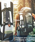 Close-up of Survival Fire Starter Kit With 4 Inch Ferro Rod For Hiking And Camping on a backpack in forest