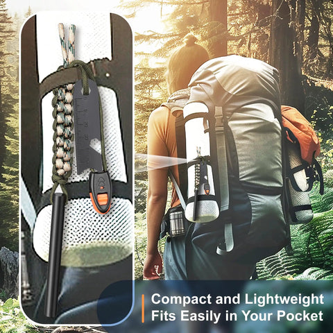 Close-up of Survival Fire Starter Kit With 4 Inch Ferro Rod For Hiking And Camping on a backpack in forest