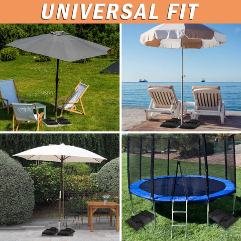 Collage showing 90 Lb Extra Large Umbrella Base Weight Set Of Two For Patio Fillable Sand Bags, in garden, beach, and patio settings.