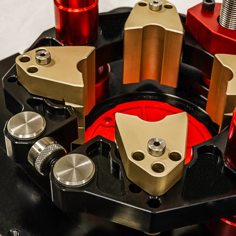 Close-up of Universal Router Lift Mast-R-Lift II with built-in locking system showing cam locking hardware.