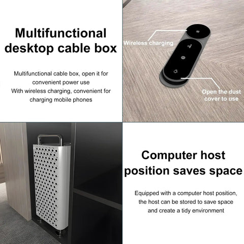 Top Tier Executive Office Desk With Sturdy Chair And Roll Away Lateral File Cabinet Silver Sandalwood Finish desktop cable box with wireless charger.