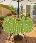 60 Inch Round Outdoor Tablecloth With Umbrella Hole And Zipper, Waterproof Heavy Duty Oxford Fabric For Spring And Summer Patio Or Picnic Tables, Spillproof Wind Resistant, Perfect For Backyard BBQs, Green Polka Dot installed on patio table