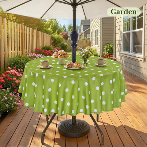 60 Inch Round Outdoor Tablecloth With Umbrella Hole And Zipper, Waterproof Heavy Duty Oxford Fabric For Spring And Summer Patio Or Picnic Tables, Spillproof Wind Resistant, Perfect For Backyard BBQs, Green Polka Dot installed on patio table