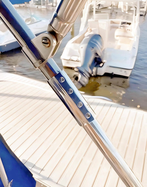 Side view of marine straight pipe fitting connector, stainless steel 316, 25 mm (1 in), 2-pack, installed on railing.