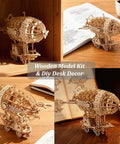 3D Wooden Airship Puzzle Kit for Adults and Teens displayed on desk and shelf, showing detailed laser-cut pieces.