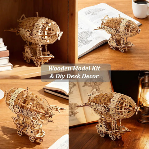 3D Wooden Airship Puzzle Kit for Adults and Teens displayed on desk and shelf, showing detailed laser-cut pieces.