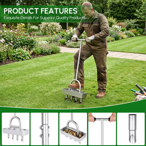 Manual Lawn Aerator With Four Stainless Steel Plug Tines Preassembled Core Aerator Tool With Soil Core Storage Tray For Compacted Turf And Yard Care Rust Proof SUS304 Construction in action