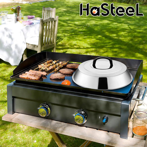 Heavy Duty Stainless Steel Cheese Melt Dome Set Of Two on a flat top grill with burgers and skewers under the sun.