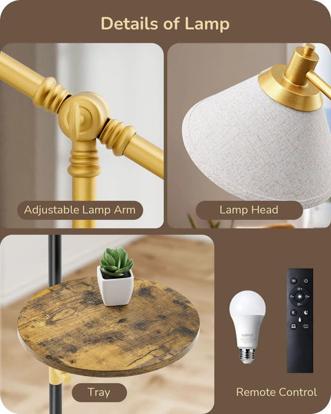 Gold Arched Floor Lamp With Adjustable Linen Shade, Corner Standing Arc Light, 63 Inch Tall, lamp details and accessories