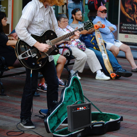 Man playing guitar with 20W Electric Guitar Amplifier With Built In Speaker, Headphone Jack, Aux Input, Drive Button, And Four Knob Controls