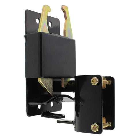 Black metal Two Way Farm Gate Latch For Livestock And Horses, easy to install, weatherproof gate catch for cattle corrals and ranches.