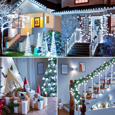 100 Pack Pure White C9 LED Christmas Light Bulbs, Dimmable And Shatterproof, E17 Base used in festive outdoor and indoor decor.