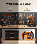 60 Inch Adjustable Height Work Bench With Storage Shelf And Pegboard LED Light And Built In Power Strip in use with tools