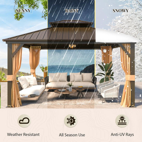 Sturdy 12 By 14 Ft Gazebo With Double Galvanized Steel Roof Aluminum Frame Curtains And Netting Included Outdoor Patio Pergola under various weather conditions.