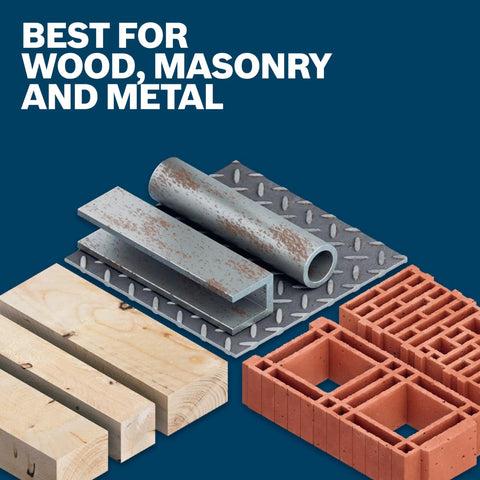 65-Piece Drilling And Driving Mixed Set showcase with wood, masonry, and metal materials illustrating versatility.