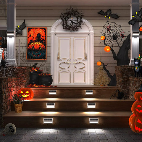 Halloween-themed porch with Solar Fence Lights 10 Pack With 30 Led Waterproof Stainless Steel Backyard Lamps illuminating steps
