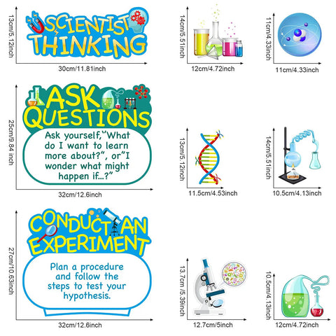 Science Bulletin Board Set With Colorful Lab Cutouts And Scientist Posters, featuring educational messages and science icons.