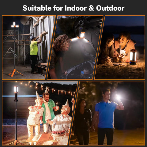 Rechargeable 10000mAh Camping Light With Stand Three Head LED Work Lamp 2200 Lumens Cordless Detachable Tripod in use outdoors