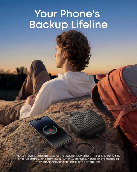 Boom Go 3i Palm Sized Portable Bluetooth Speaker with 15W Punchy Sound and Emergency Charging next to phone on rock outdoors