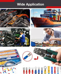 Huge 1150 Piece Wire Connectors Kit With Insulated Terminals And Crimper For Automotive Wiring Projects Featuring Red Blue Yellow Assorted Ring Spade Fork Butt Splice Quick Disconnects That Fit AWG 22 To 10 Like A Glove. wide application kit with terminal tray, crimper, and assorted connectors for car, marine, and DIY wiring