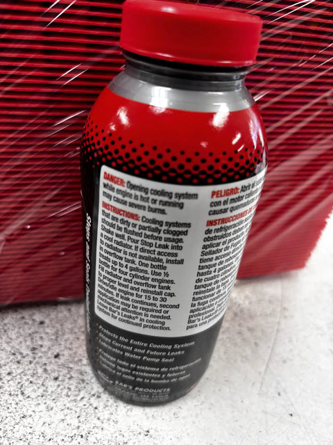 Side view of Radiator Stop Leak Concentrate 11 Oz Seals Leaks And Prevents Coolant Loss, Easy To Use Formula For Quick Car Repair