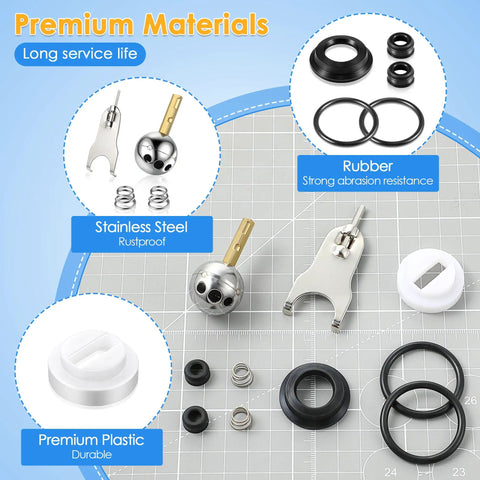 Single Handle Faucet Repair Kit With RP212 Stainless Steel Ball Valves And Knob Handles For Delta And Peerless Faucets Replacement RP77739 86971 1 Pack Easy Install Durable Build Leak Free Performance components on display with rubber, stainless steel, and plastic materials visible.