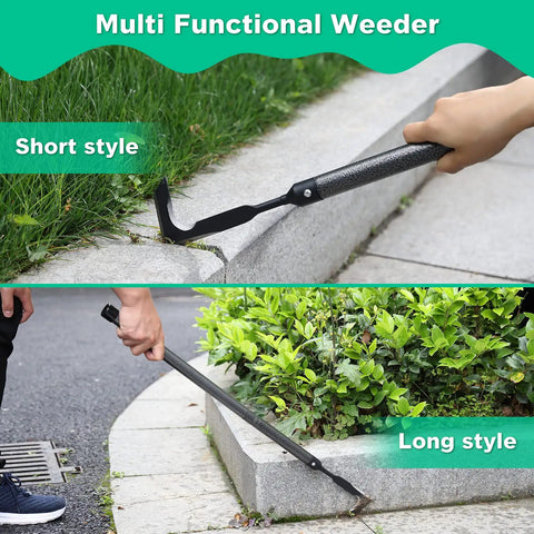 29 Inch Long Manual Crack Weeder For Sidewalk Crevices And Paver Edges in use, showing short and long handle styles