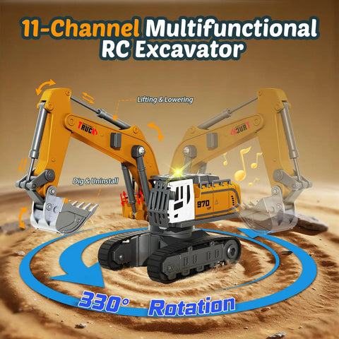 11-Channel RC Excavator in Three Piece Remote Control Construction Set With 1:64 Excavator, Dump Truck, And Forklift, Lights And Sounds