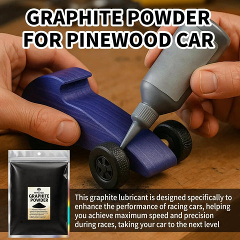 Applying Ultra Fine Graphite Powder Lubricant For Pinewood Derby Axles And Wheels, 2 Oz, 3000 Mesh Dry Graphite to blue car