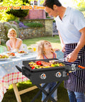 Family grilling with a tabletop griddle in a backyard setting
