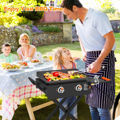 Family grilling with a tabletop griddle in a backyard setting