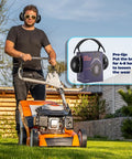 Man mowing lawn wearing 35dB SNR Noise Cancelling Ear Muffs For Outdoor Work And Hunting, Real Hearing Protection