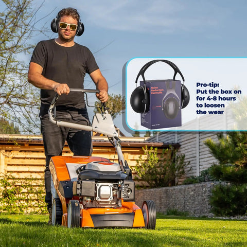 Man mowing lawn wearing 35dB SNR Noise Cancelling Ear Muffs For Outdoor Work And Hunting, Real Hearing Protection