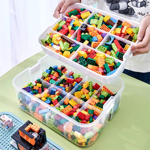 Slick 3 Tier Stackable Brick Storage Organizer With Removable Grid Trays For Lego Pieces, transparent green with colorful Lego blocks.