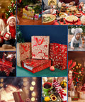 Collage of holiday scenes with 12 Piece Set Of Large Kraft White Gift Bags With Red Paper Accents For Candy Packaging.