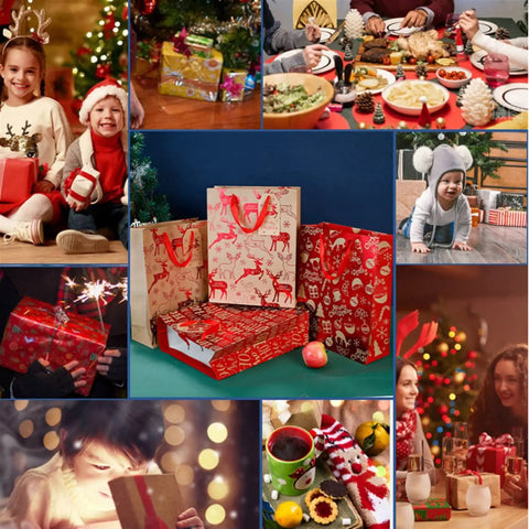 Collage of holiday scenes with 12 Piece Set Of Large Kraft White Gift Bags With Red Paper Accents For Candy Packaging.