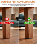 Comparison of furniture leg on hardwood floor, left without pad showing scratches, right with black adhesive furniture pad.
