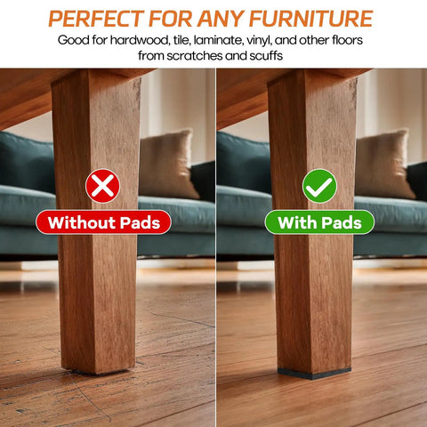 Comparison of furniture leg on hardwood floor, left without pad showing scratches, right with black adhesive furniture pad.
