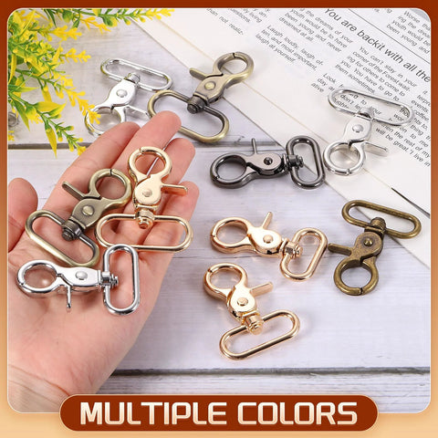 Six 25mm swivel snap hooks, metal lobster-claw clasps in assorted colors (silver, gold, bronze).
