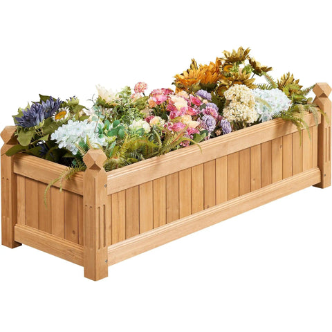 Wooden Raised Garden Bed Planter Box For Yard And Greenhouse Outdoor Use, Rectangular Planter With Flowers, Light Brown