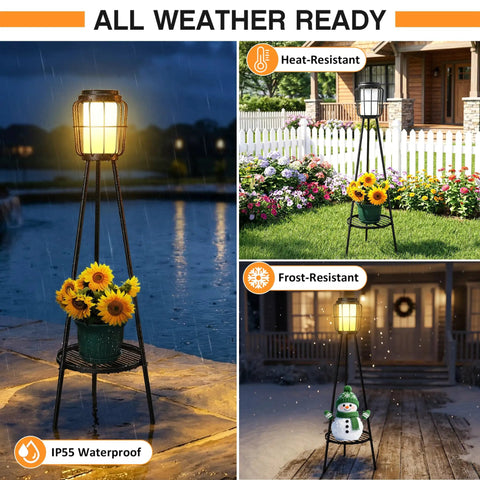 2 Pack Outdoor Solar Lights With Plant Stand And Tall Metal Planter Holder for all-weather use, showing durability in night and snow.