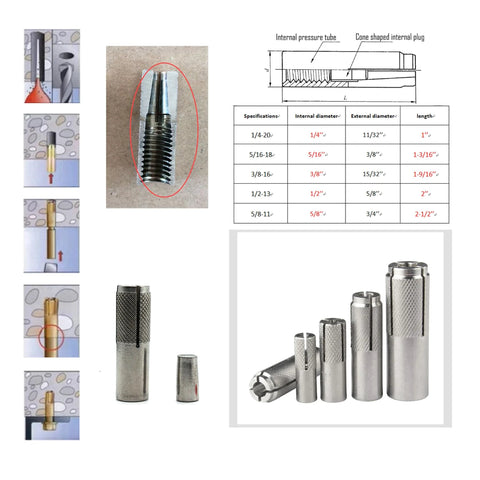 Diagram and photo of 15 Pieces Drop In Anchors Set, Knurled, 3/8-16 For Solid Concrete, internal expansion, 304 stainless steel.