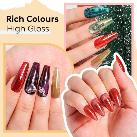 Cat Eye Gel Nail Polish Kit 12 Color Soak Off LED UV Gel Nails with high gloss finish showcasing vivid manicure