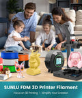 Family enjoys creating 3D prints at home; shown with colorful PLA 3D printer filament spools, a 3D printer, and printed models.