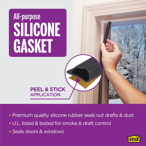 M-D all-purpose silicone gasket; black peel-and-stick door/window seal for doors and windows, 20 ft