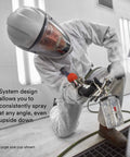Person using All-In-One PPS 2.0 Spray Cup System Kit with 22 ounce reusable paint cup for precise spraying at various angles