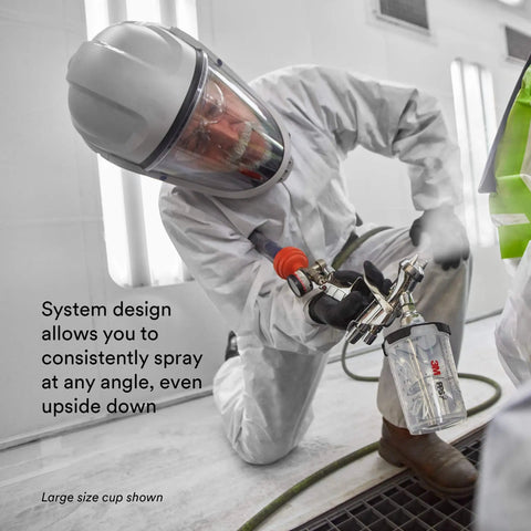 Person using All-In-One PPS 2.0 Spray Cup System Kit with 22 ounce reusable paint cup for precise spraying at various angles