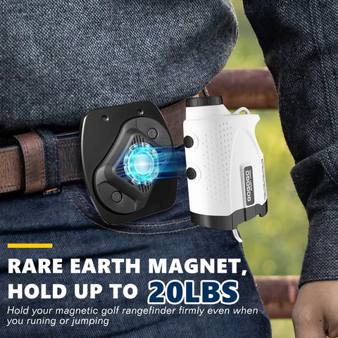 Double Pack Magnetic Tool Holder with dual strong magnets attached to belt holding rangefinder securely