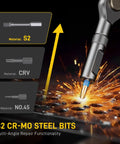 42 In 1 Magnetic Screwdriver Set With 8 45mm Heads And 32 25mm Bits showing S2 CR-MO steel bits and sparks