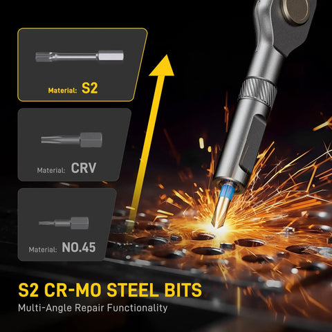 42 In 1 Magnetic Screwdriver Set With 8 45mm Heads And 32 25mm Bits showing S2 CR-MO steel bits and sparks